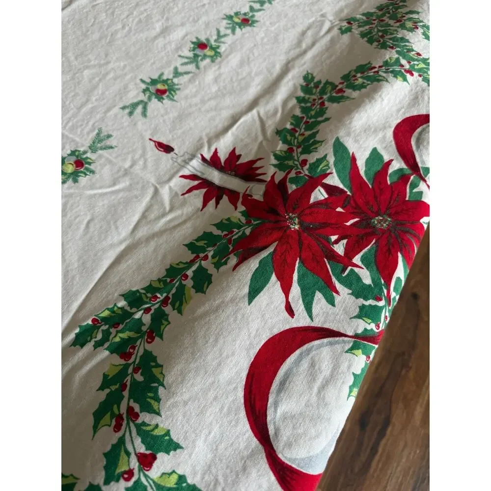 Christmas Woven Poinsettia Holly Tablecloth Cotton Holiday Décor 75x112